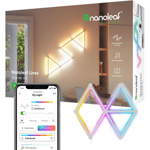 Lines 60 Degrs Kit De Dmarrage, 9 Barres Lumineuses Led Rgbw Connectes - Appliques Murales Luminaires Intrieur Modulaires Wi-Fi 16m Couleurs, Compatible Alexa, Pour Salon Chambre Gaming Rubans 