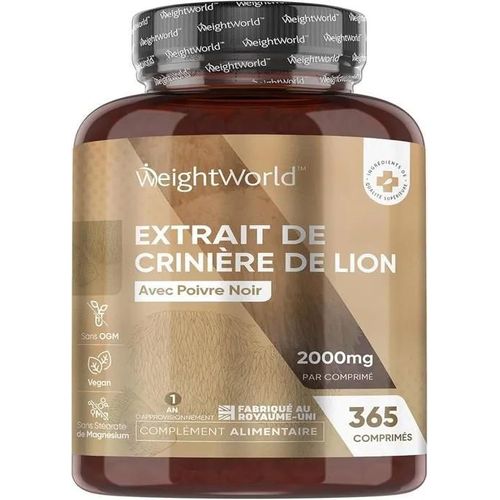 Lions Mane Champignon 2000 Mg 365 Comprims Vegan (1 An) - Extrait D'hericium Erinaceus
