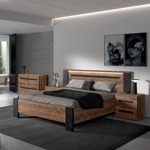 Lit 140x190cm Effet Bois Et Bton Anthracite Avec Leds