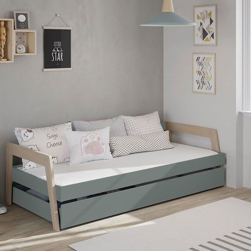 Lit Banquette 90x200cm Avec Tiroir En Mdf Et Pin Coloris Gris Vert Et
