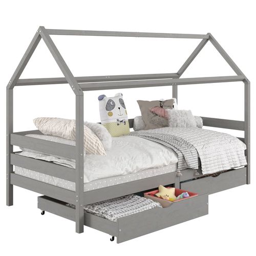 Lit Cabane Clia Lit Simple Pour Enfant Montessori 90 X 200 Cm Avec Rangement 2 Tiroirs Et Barrires Sur 3 Cts, Pin Massif Gris