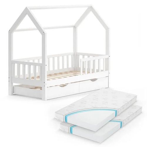 Lit Cabane Wiki, 80x160 Cm Avec Lit D'appoint Et 2 Matelas, Blanc, Vitalispa