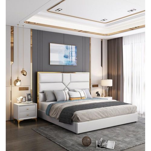 Lit Coffre Design Effet Laiton Dalia - Blanc - 140x190