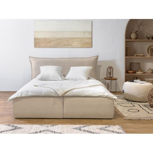 Lit Coffre Jade Avec Tte De Lit Effet Oreiller Beige 140x190