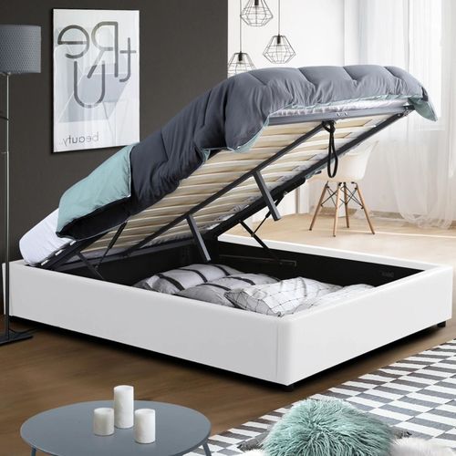 Lit Coffre Double Miami Avec Sommier 140 X 190 Cm Pvc Blanc