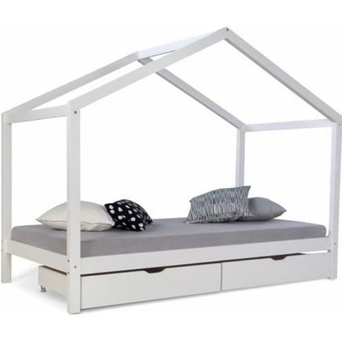 Lit D'enfant Cabane 90x200 Bois Blanc Et Tiroirs