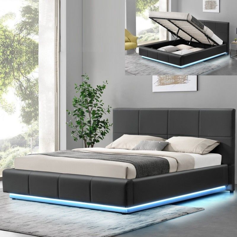 Lit Design Alexi Avec Sommier Et Coffre De Rangement - Gris - 180x200