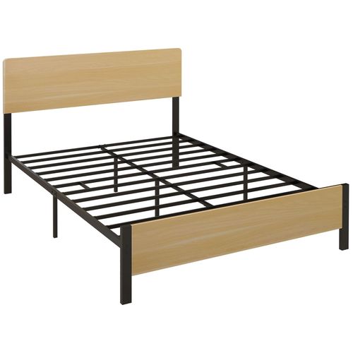 Lit Double Design Industriel - Tte De Lit, Pied De Lit Et Sommier - Compatible Matelas 190l X 140l Cm - Acier Noir Aspect Bois Clair