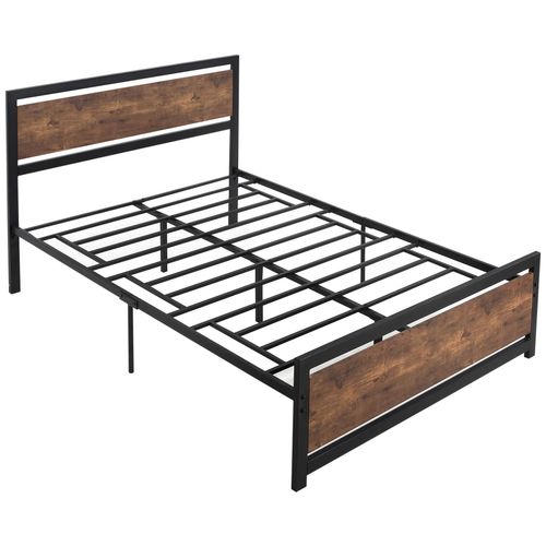 Lit Double Design Industriel - Tte De Lit, Pied De Lit Et Sommier - Dim. 195l X 144l X 103h Cm - Compatible Matelas 190l X 140l Cm - Acier Noir Mdf Aspect Bois Avec Veinage