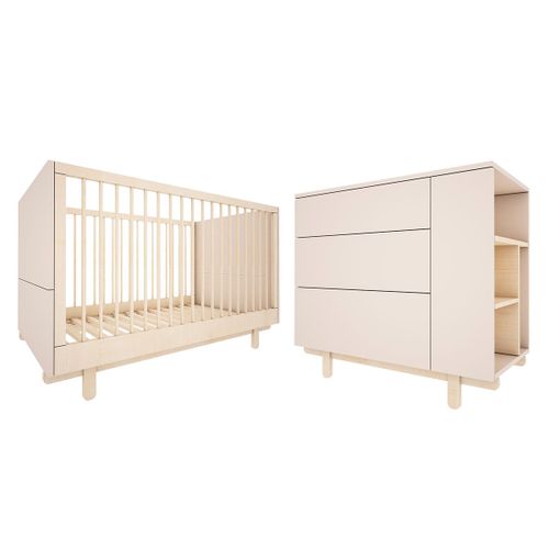 Lit volutif 70x140 Commode 3 Tiroirs Beige