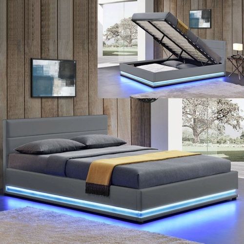 Lit Led Avec Coffre De Rangement Ava - Gris - 180x200