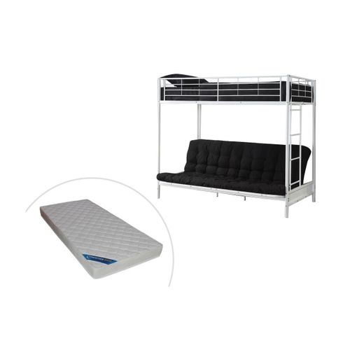 Lit Mezzanine 90 X 190 Cm - Avec Banquette Convertible - Mtal - Blanc + Futon + Matelas - Modulo V
