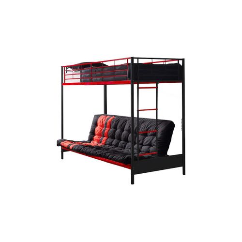 Lit Mezzanine 90 X 190 Cm - Avec Banquette Convertible - Mtal - Noir Et Rouge + Futon - Modulo V