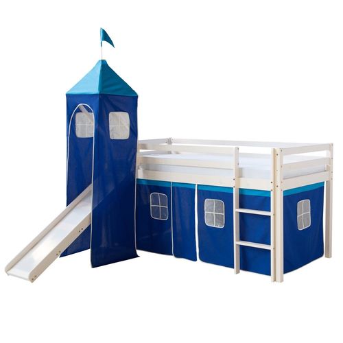 Lit Mezzanine 90x200cm Avec chelle Toboggan En Bois Blanc Et Toile Bleu Incluse Lit06152