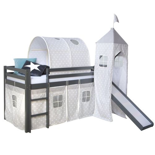 Lit Mezzanine 90x200cm Avec chelle Toboggan En Bois Gris Avec Tissu toile Tunnel Et Tour Lit06176
