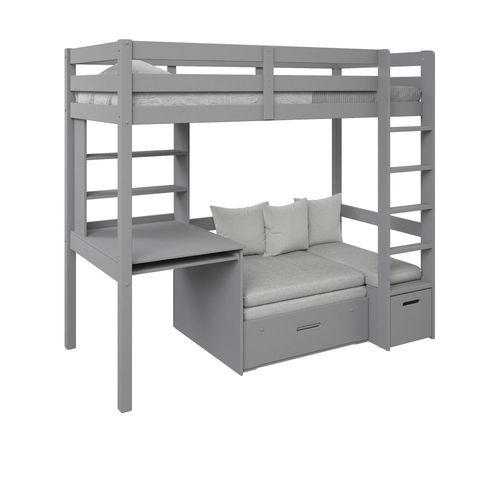 Lit Mezzanine Avec Bureau Et Chauffeuse Pin Massif Gris 90x200