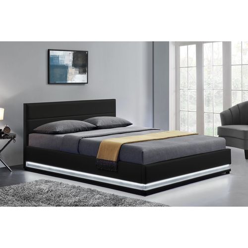 Lit New York - Structure De Lit En Pu Noir Avec Rangements Et Led Intgres - 160x200 Cm