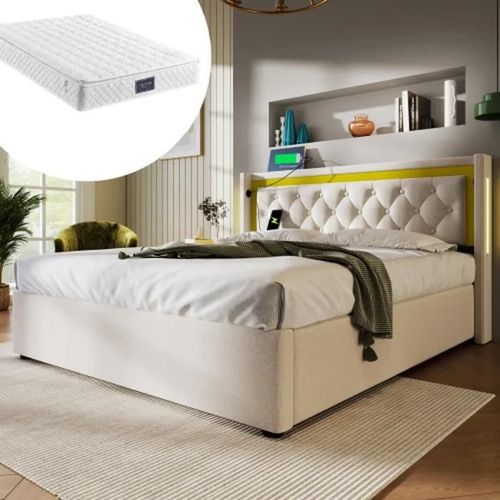Lit Rembourr Coffre De Rangement Avec Tte De Lit  Chargement Usb Type C, 160x200, Avec Cadre De Lit Ray (Matelas Inclus)