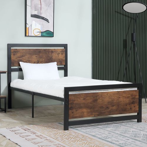 Lit Simple Design Industriel - Tte De Lit, Pied De Lit Et Sommier - Dim. 195l X 97l X 103h Cm - Compatible Matelas 190l X 90l Cm - Acier Noir Mdf Aspect Bois Avec Veinage