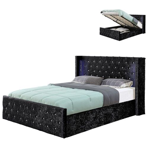 Lit Velours Coffre Led Grand Tte De Lit Osmos - Velours Noir - 140x190