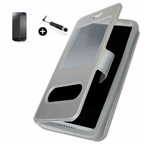 Logicom L-Ite 502 Super Pack Premuim Etui Fentres Housse Coque Folio Argent Pu + Mini Stylet Screen Touch + Verre Tremp Duret 9h, Ultra-Mince 0.20 Mm Anti-Rayures Anti-Traces Haute-Rponse Haute Transparence By Ph26