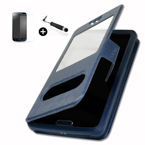 Logicom L-Ite 502 Super Pack Premuim Etui Fentres Housse Coque Folio Bleu Pu + Mini Stylet Screen Touch + Verre Tremp Duret 9h, Ultra-Mince 0.20 Mm Anti-Rayures Anti-Traces Haute-Rponse Haute Transparence By Ph26