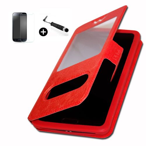 Logicom S504 Super Pack Premuim Etui Fentres Housse Coque Folio Rouge Pu + Mini Stylet Screen Touch + Verre Tremp Duret 9h, Ultra-Mince 0.20 Mm Anti-Rayures Anti-Traces Haute-Rponse Haute Transparence By Ph26