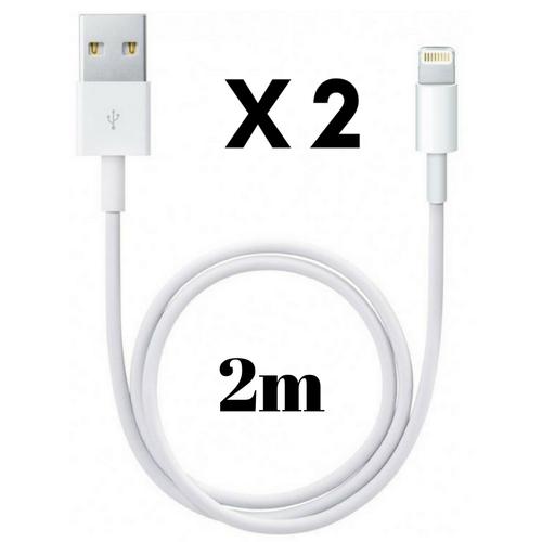 Lot 2 Cables USB Lightning Blanc pour Apple iPhone 11 / 11 PRO / 11 PRO MAX / X / XS / XS MAX / XR / 8 / 8 PLUS / 7 / 7 PLUS / 6 / 6 PLUS / 5 / 5S / SE - Cable Chargeur Mesure 2 Metres [Phonillico]
