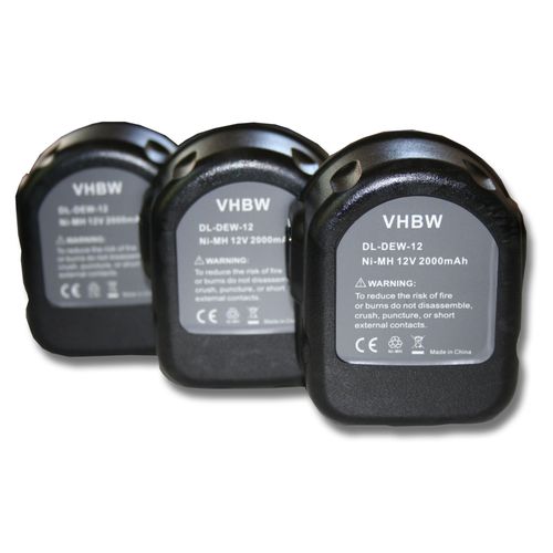 Lot 3 Batteries Ni-Mi Vhbw 2000mah (12v) Pour Outils Dw907k-2, Dw907k2h, Dw907z, Dw912, Dw915 Flash Light Comme Dewalt Dc9071, De9037, De9071, De9074.