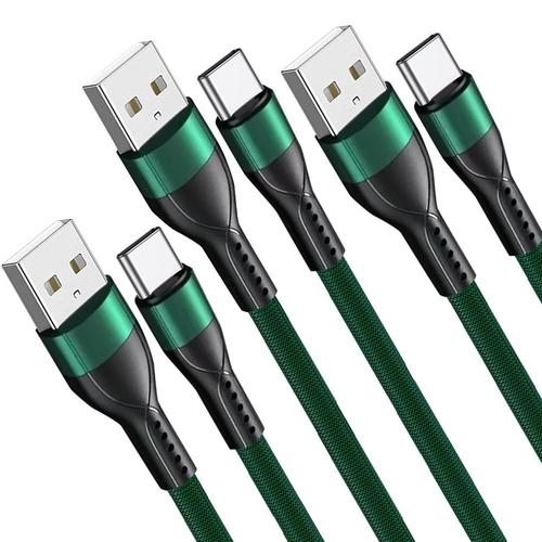 Lot-3 Cble USB-C 1M Charge Rapide 3A pour Samsung Galaxy M13 4G M23 5G M32 M33 M52 5G - Nylon Tress Vert