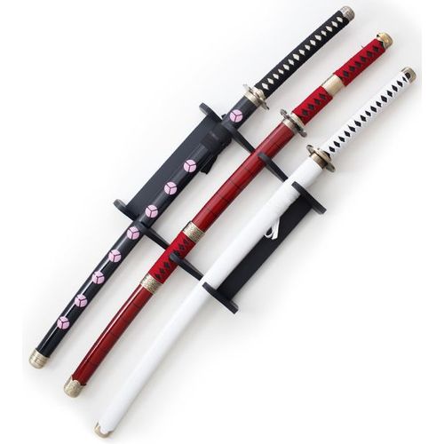Lot 3 Katanas Tout En Bois One Piece Epees Lame En Bois + Support 3 Places Zoro Sabres Replique Zorro Roronoa Shusui Kitetsu Wado Ichimonji Pack Set Repliksword