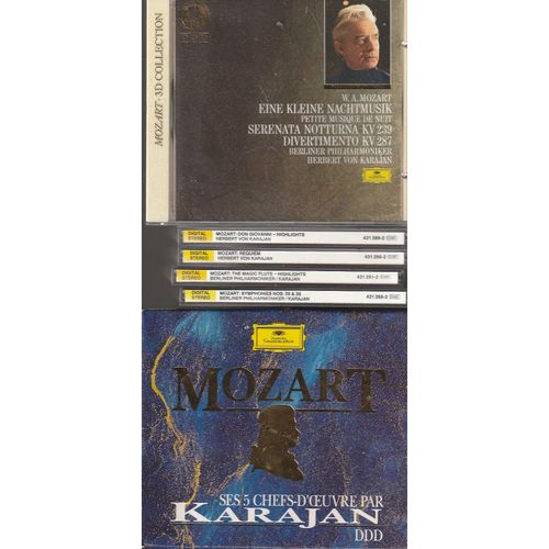 Lot 5 Cd Mozart - Ses 5 Chefs D'oeuvres Par Karajan - 1 Don Giovanni - 2 Symph29 Et 39 3 Die Zauberflte 4 Requiem - 5 Petite Musique De Nuit - Seranata Notturna Kv239 Divertimento K287 Dgg 431 272