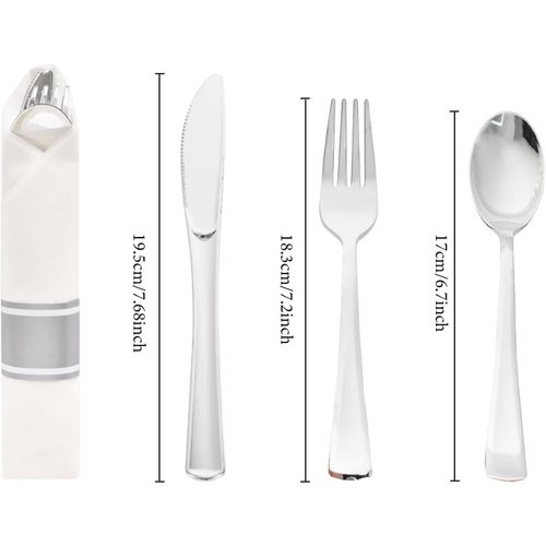 Lot De 10 Ensemble De Couverts, Ensemble Couverts De Table Plastique, Couvert , Set Couverts Plastique, Couvert De Table Avec Serviettes Fourchettes Couteaux Et Cuillres (Argent)
