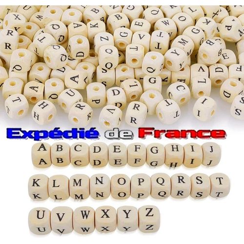 Lot De 100 Perles Cube 8 Mm En Bois Lettres Alphabet - Carr / Carres - Trou D'environ 2 Mm -