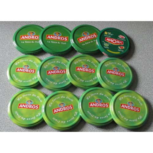 Lot De 12 Couvercles Mtalliques-11 Andros La Force Du Fruit-Fond Vert Fonc Et Fond Vert Clair-2 Modles Diffrents+1 Amora Fond Vert -Diamtre Extrieur 8.5cm-Conformes Aux Photos