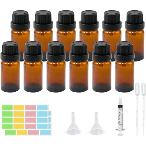 Lot De 12 Flacons En Verre Ambr Rechargeables Pour Huiles Essentielles De 10 Ml Avec Bouchon Noir Pour Diffuseur D'huiles Essentielles, Huiles De Massage, Mlange D'huile De Beaut (Ambre 10 Ml)