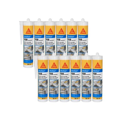 Lot De 12 Mastics Silicones Anti-Moisissure Sika Sikaseal 108 Sanitaire - Gris Clair - 300ml