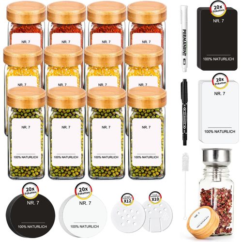 Lot De 12 Pots  pices Carrs En Bambou De 120 Ml Avec tiquettes, Distributeur Multifonction Intgr, Rangement Idal Pour La Cuisine | Contenant  pices