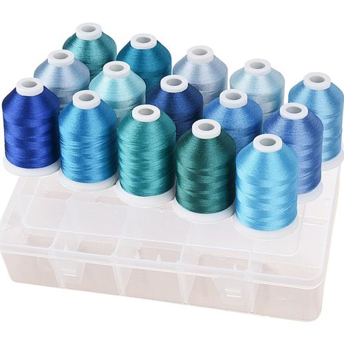 Lot De 15 Bobines 1000m De Fil  Broder Avec Bote De Rangement En Polyester Pour Machine  Coudre  Broder(Bleu)