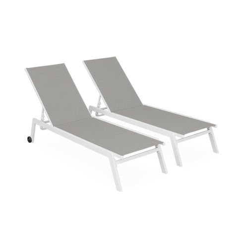 Lot De 2 Bains De Soleil Elsa En Aluminium Blanc Et Textilne Taupe. Transats Multi Positions Avec