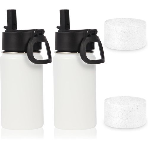 Lot De 2 Bouteilles D'eau De 414 Ml Avec Couvercle  Paille Et Bottes En Silicone, Gobelets Isothermes En Acier Inoxydable Pour Garons Et Filles,  Double Paroi tanche Sous Vide (Blanc, 2)