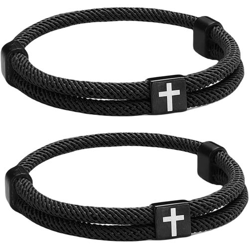 Lot De 2 Bracelets En Cuir Pour Homme Avec Croix, Fait  La Main, RGlable, Avec Pendentif Croix CarrE En Acier Inoxydable, Bracelet JSus, Noir