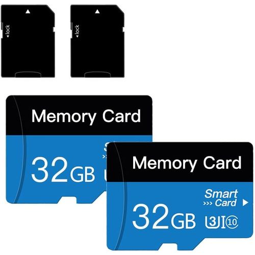 Lot De 2 Cartes Micro Sd 32 Go (Avec Adaptateur), Carte Mmoire Cat 10 Tf, Mini Carte Mmoire Pour Appareil Photo/Smartphone/Tablette/Drone (Bleu 32go * 2)[Lot6240139]