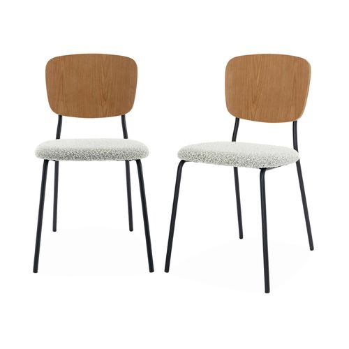 Lot De 2 Chaises Assise Bouclette Texture Blanche. Dossier Bois De Peuplier Courb. Pieds En Mtal Noir Mat