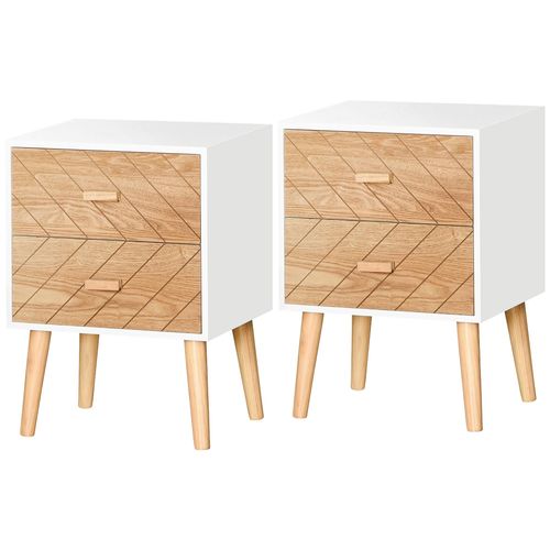 Lot De 2 Chevets Tables De Nuit Design Scandinave - Total 4 Tiroirs - Bois Pin Mdf Blanc Htre Motif Graphique