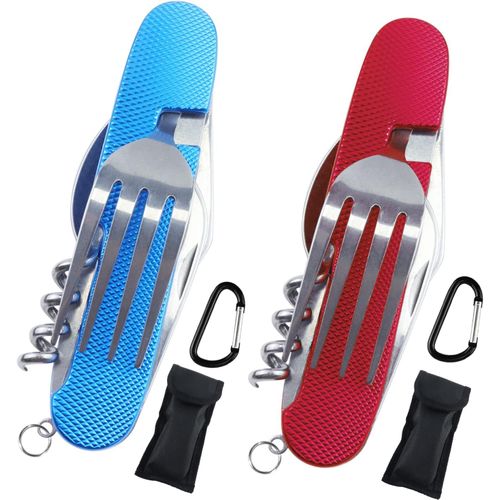 Lot De 2 Couverts De Camping, Couverts Pliant 6 En 1 Pour Voyage, Camping, Pique Nique (Couteau, Fourchette, Cuillre, Tire Bouchon, Perceuse, Couteau En Aluminium)