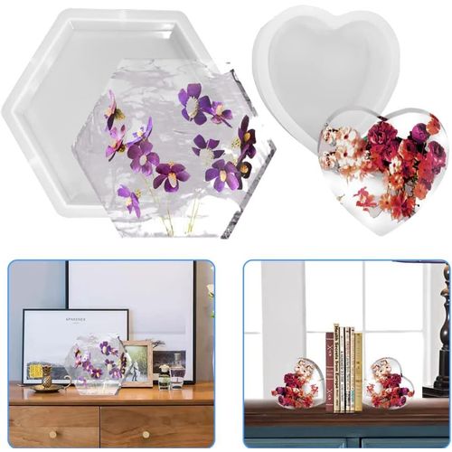 Lot De 2 Grands Moules En Rsine - Moules Hexagonaux En Silicone En Forme De C?ur Pour Serre-Livres - Moules En Silicone Pour Spcimens De Rsine poxy, Fleurs Prserves, Mariage