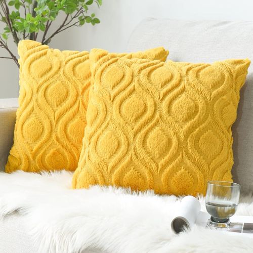 Lot De 2 Housses De Coussin En Laine Artificielle Doux Peluche,Taies D'oreiller Boho Rectangulaires Carrs Dcoratifs Confortables Pour Canap-Lit Chambre Jaune Moutarde 45x45cm