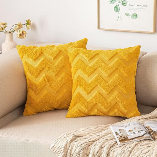Lot De 2 Housses De Coussins En Laine Artificielle Et En Daim Artificiel Avec Des Motifs Onds Sur Deux Faces Confortable Taie D'oreiller  Salon Chambre Canap 40x40cm Jaune Moutarde