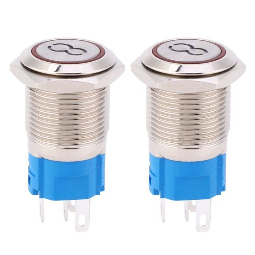 Lot de 2 interrupteurs a bouton-poussoir de 16 mm en acier inoxydable, tete plate, reinitialisation automatique, 5 broches, symbole ??8??, rouge, 12 V CC